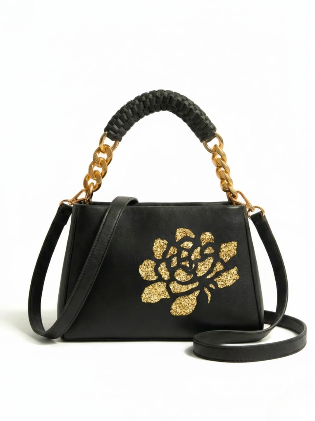 like style Women’s PU Sling Bag with Gold Glitter Floral Print | Dual Compartment Crossbody & Shoulder Bag with Braided Handle | Stylish Zip Closure Handbag for Office & Daily Use-picture-36