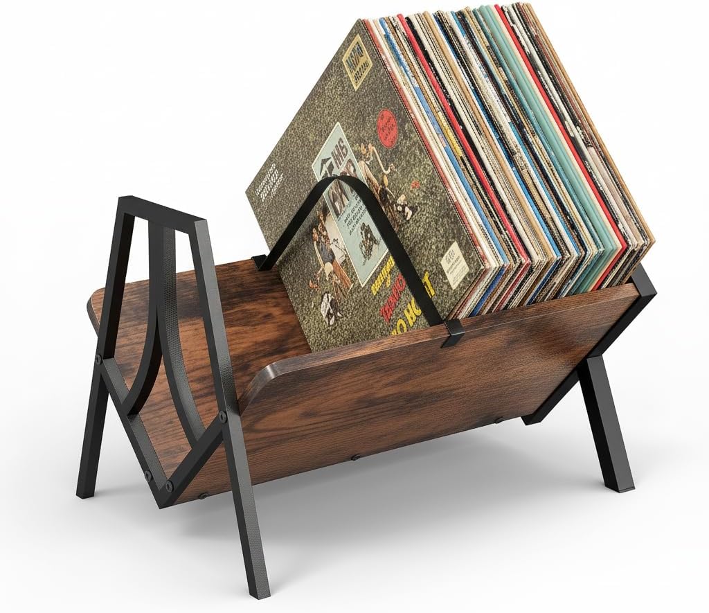Vinyl Record Storage Rack for 50 LPs, Vinyl Record Album Holder Heavy-Duty Record Storage Shelf with Handles, Record Holder, Multi-Purpose Organizer (V Shaped, Rustic Brown)