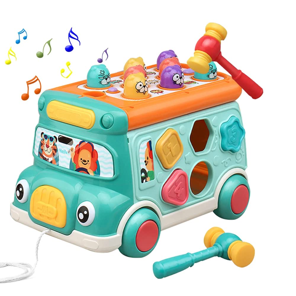 AMERTEER Musical Push-Pull Bus Toy with Sound & Light | Whack-a-Mole Game, Shape Matching, Gear, & Toy Clock | Interactive Early Education Gift for Toddlers (1-2 Years)