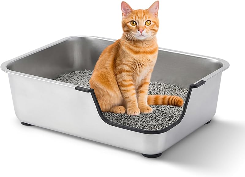 Caixa de Areia para Gatos em Aço Inoxidável com Entrada Baixa HNeekyr MSPX001 44,45 x 34,54 x 15,24 cm