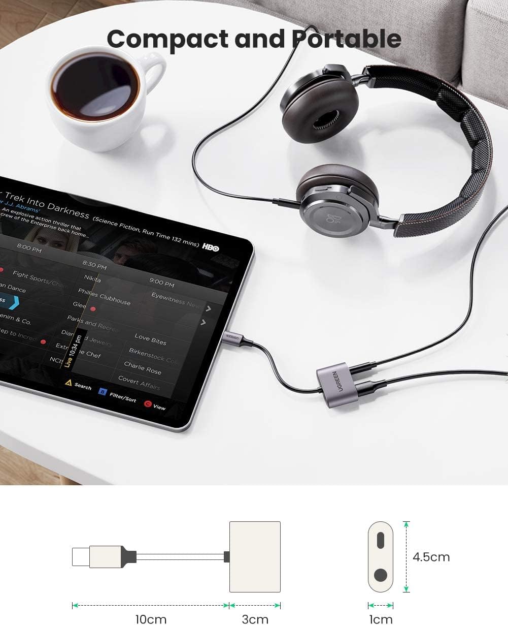 UGREEN 2-in-1 adapter connected to a tablet with headphones, showing dimensions