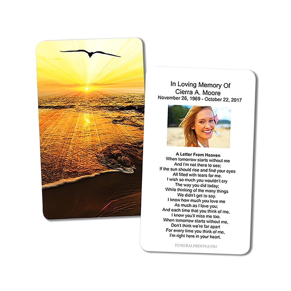 Funeral Memorial Prayer Card With Photo Personalized & Prayer 25 Cards Sunset Seagull Design Size - 2.5x4.25" Custom Funeral Memorial Cards For
