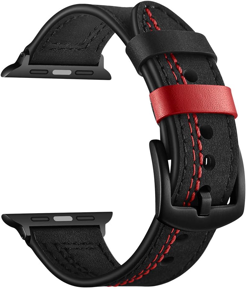 38/40mm Genuine Leather Replacement Wrist Strap Watch Band With Stainless Steel Buckle Compatible with Apple Watch iWatch Series 5/4/3/2/1 (Black)