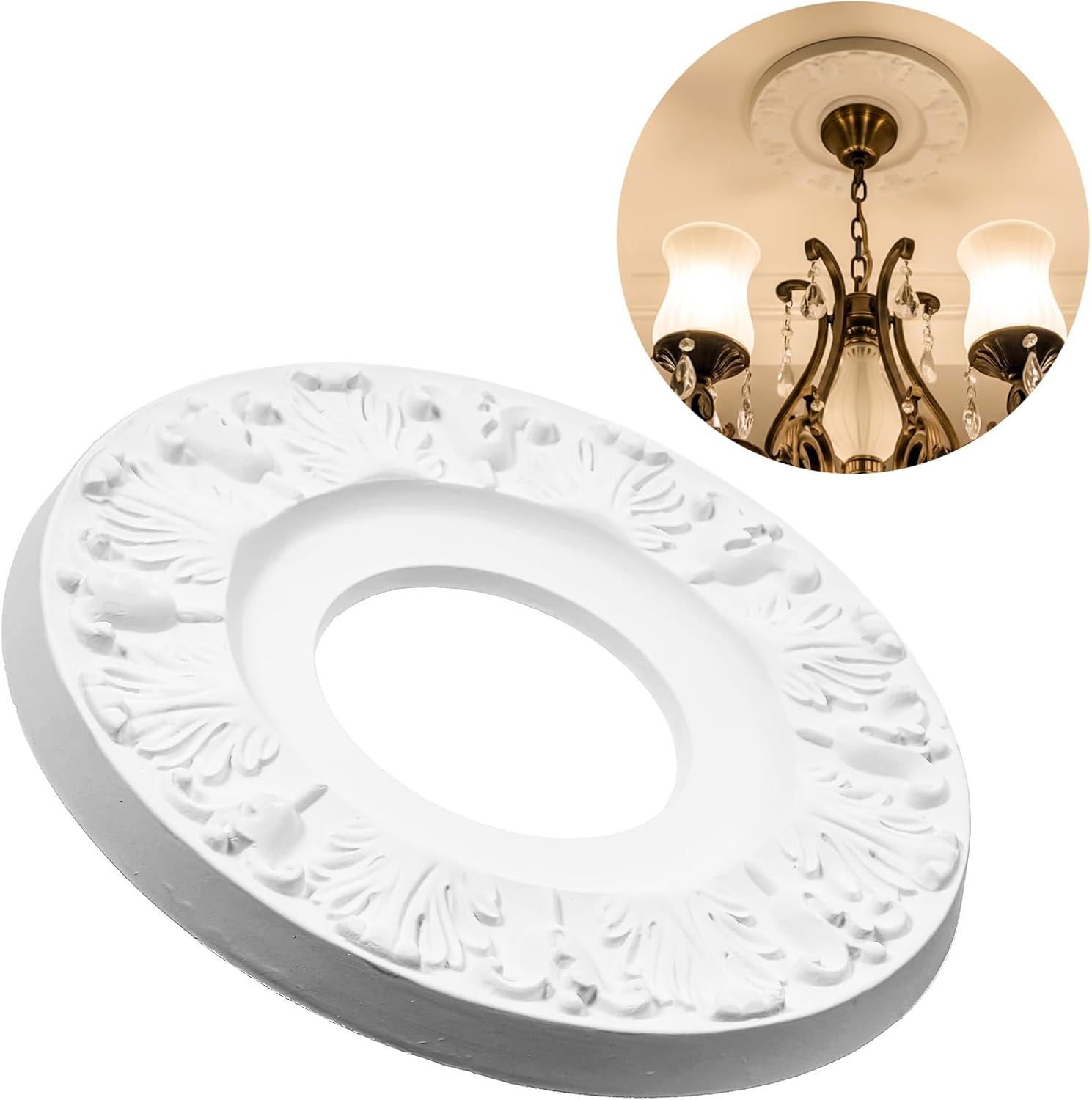 2 Pcs Ceiling Medallion Molded Vintage White Carved Flower PU Medallions for Light Fixtures and Ceiling Fans Decorative Victorian Floral Design