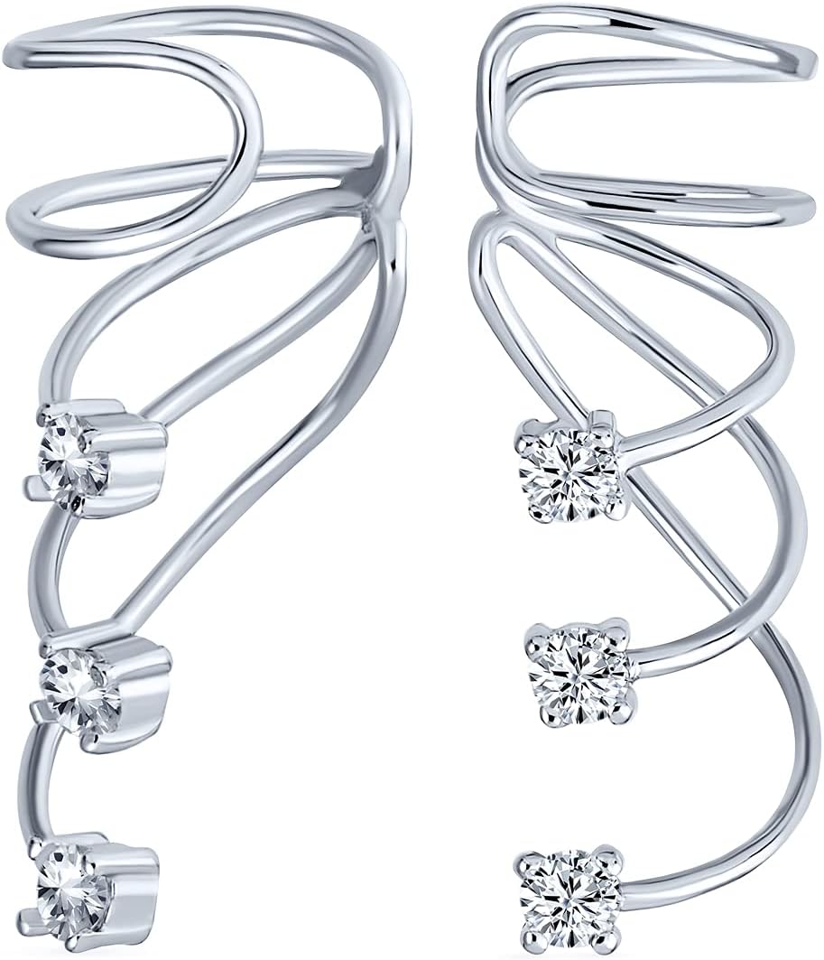 Bling JewelryMinimalist Signal Triple Spiral CZ Curved Crawlers Wire Cartilage Ear Pin Cuff Wrap Earring For Women Teen Rose 14K Yellow Gold Plated .925 Sterling Silver