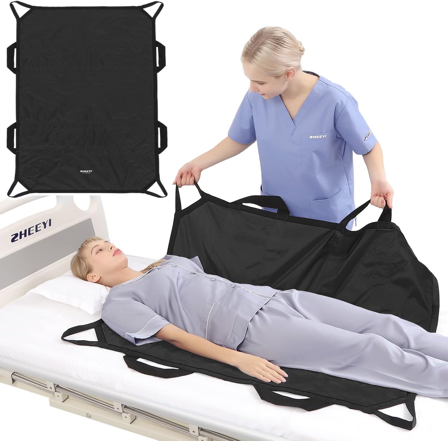 Multipurpose 43" x 36" Positioning Bed Pad with Reinforced Handles - Reusable & Washable Patient Sheet for Turning, Lifting & Repositioning - Double-Sided Nylon Fabric, Black