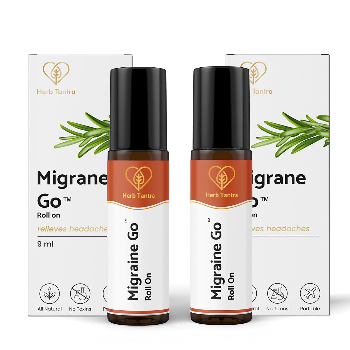 Migraine Go Roll On For Relief From Migraine & General Head Aches |Contains Eucalyptus and Peppermint Oil | 100% Pure and Natural | Easy to Use | Relaxing| 9 ml Pack Of 2