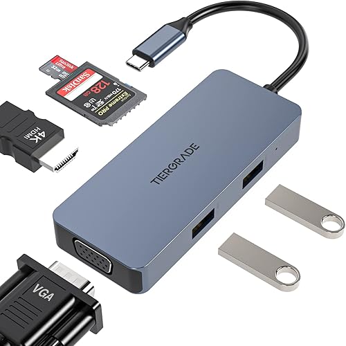 Tiergrade Hub USB C, adaptador USB C a HDMI 6 en 1 con lectores de tarjetas HDMI 4K, VGA, SD/TF, 2 USB 2.0, adaptador multipuerto USB C compatible