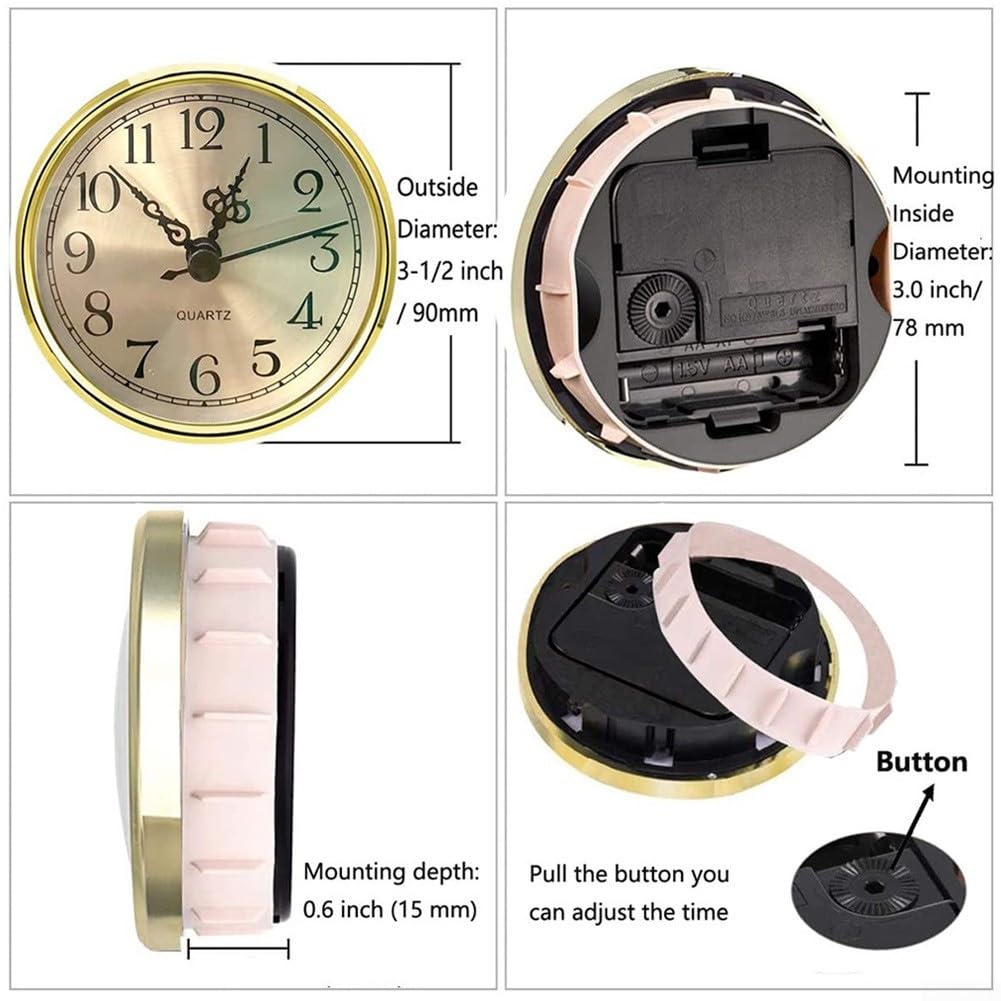 Miniuhr-Einsatz, 8,9 cm, rundes Quarzuhrwerk, Miniaturuhr, goldfarbenes Zifferblatt, goldfarbene Lünette, arabische Ziffern, passend für Loch mit 7,6 cm Durchmesser (goldfarben)