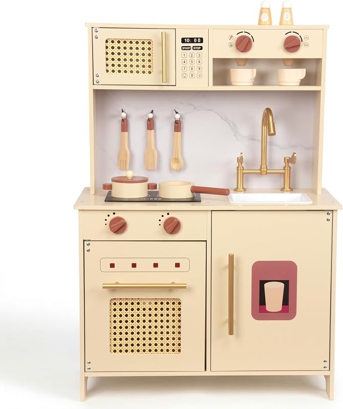Wooden Play Kitchen for Kids 3 Years Old, Chef Pretend Play Set | Realistic Clicking Sounds, Gold Faucet, Coffee Maker, 10Pcs Cooking Accessories, Birthday Gift for Boys Girls
