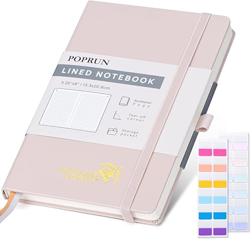 POPRUN Cuaderno rayado para mujeres y hombres, tamaño mediano A5 de 5.25 x 8 pulgadas, papel grueso de 120 GSM, 128 páginas numéricas, tapa dura,