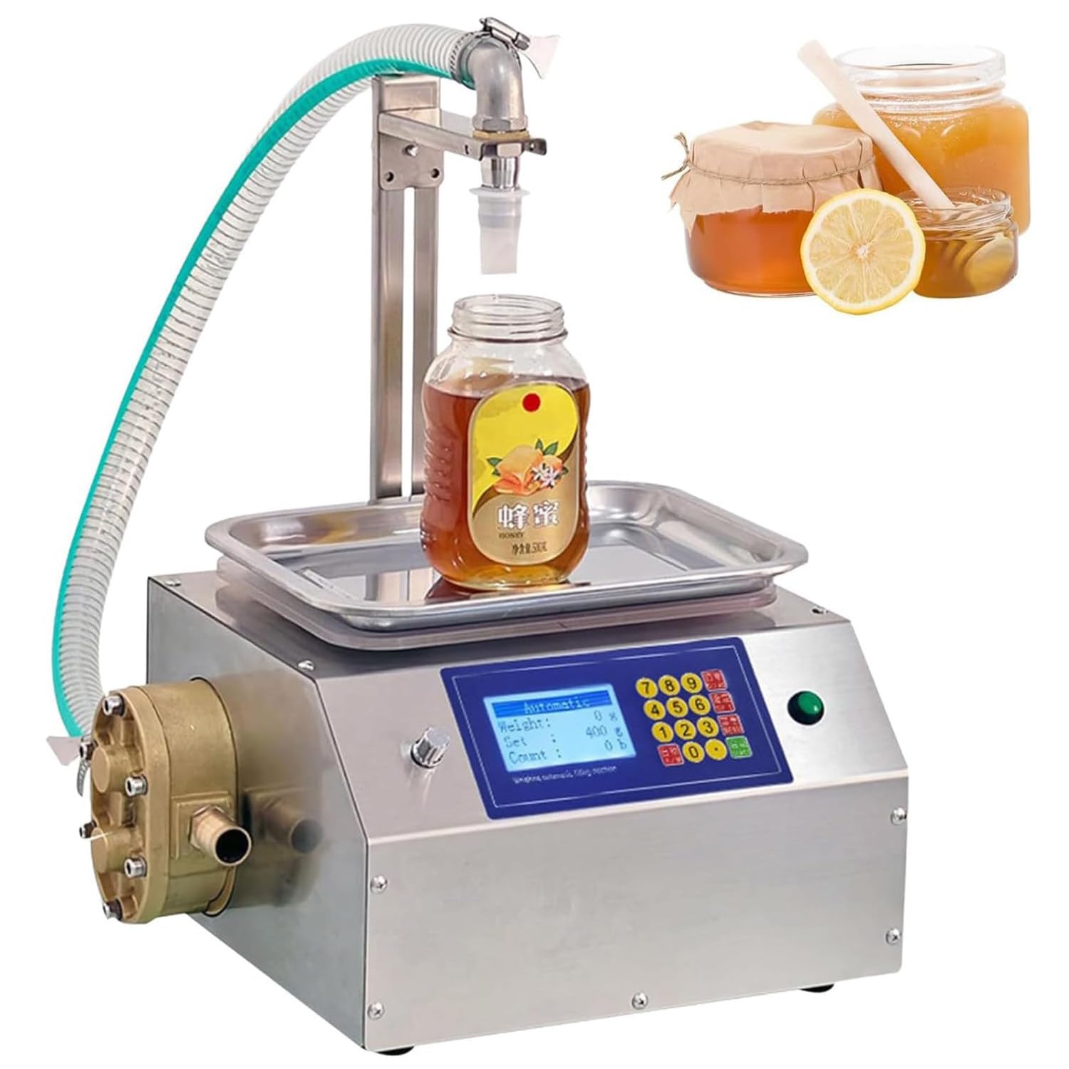 Riempitrice per miele, riempitrice liquida viscosa automatica, capacità di pesatura 20g-10000g, portata 7L/Min per miele, salsa, olio e altro