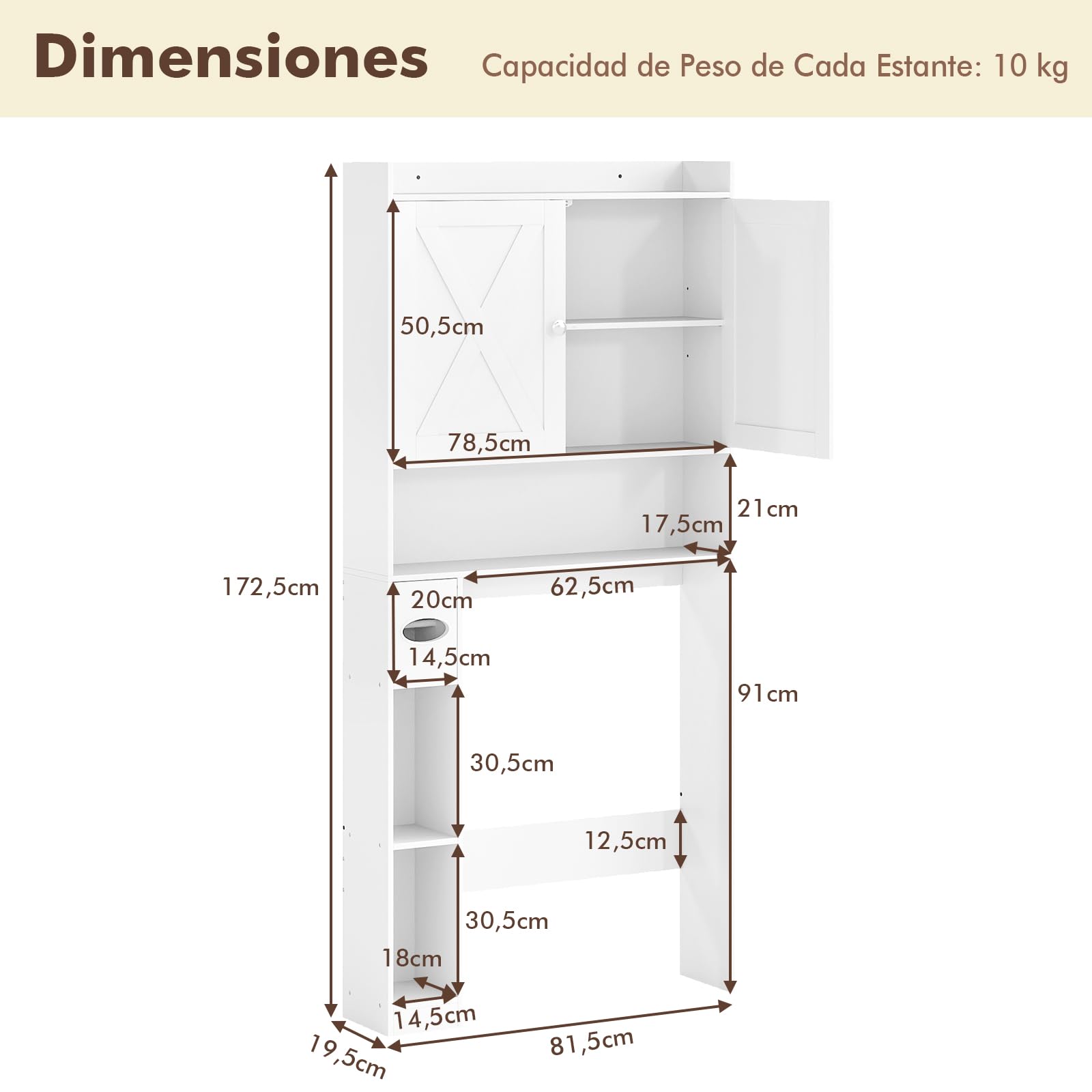 COSTWAY Armario de Almacenamiento sobre Inodoro, Estantería Organizadora con Doble Puerta, Portarrollos de Papel Higiénico y Estante Ajustable, Mueble Independiente para Baño Lavadero (Blanco)
