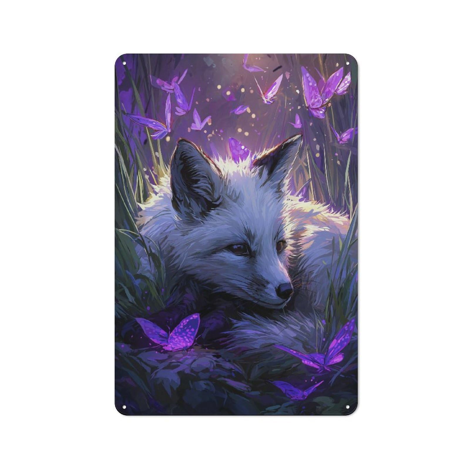 Junmoney Enchanted Fox Amidst Butterflies Tin Wall Plaque 30X20cm With For Workshop Wall, Suited To Makers And Diy Enthusiasts