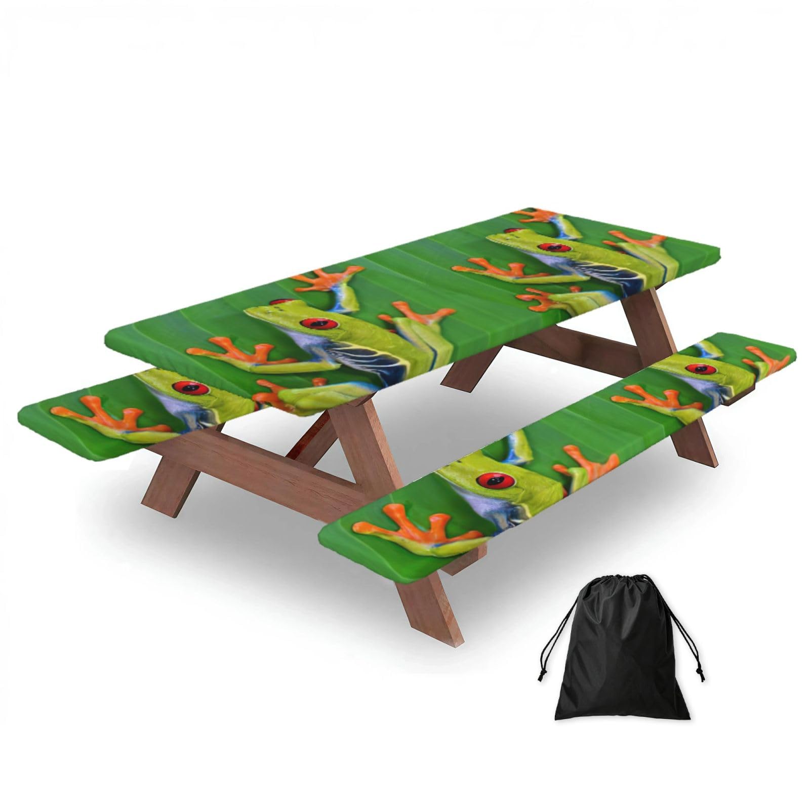 Yqxwjl Black Animal Frog Green Leaf Leaves Print Camping Essentials Waterproof Camping Table And Bench Cover With Drawstring Bag 183 Cm
