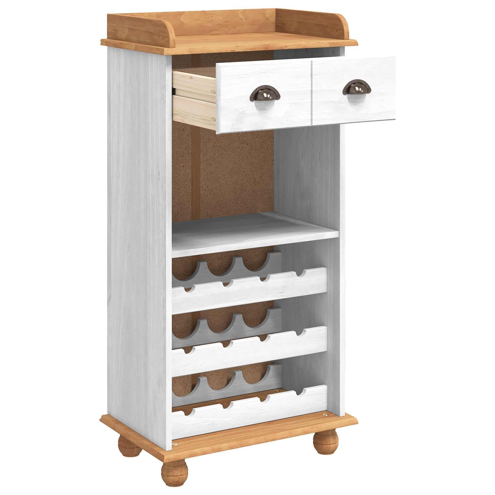ASKIM - Cantinetta per vino bianca con superficie miele, in legno di pino massiccio, 57 x 37 x 114 cm, autoportante, per cucina, sala da pranzo, soggiorno, con vano portaoggetti e