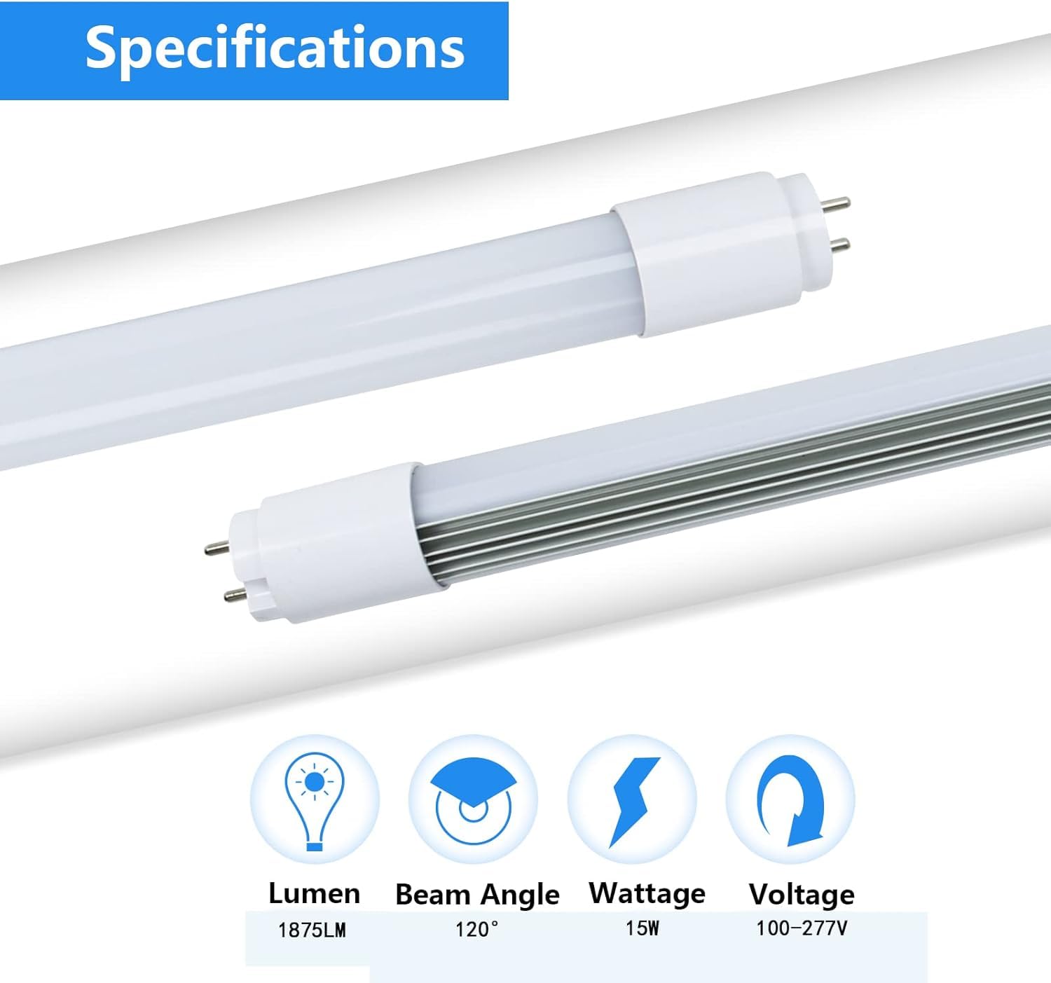 Tubo de luz LED T8 de 2 pies, híbrido tipo A+B, 15 W, 1875 lm, bombilla LED de 24 pulgadas, reemplazo fluorescente de luz diurna de 5000 K (15 W = 26 W), Plug and Play o derivación de balasto