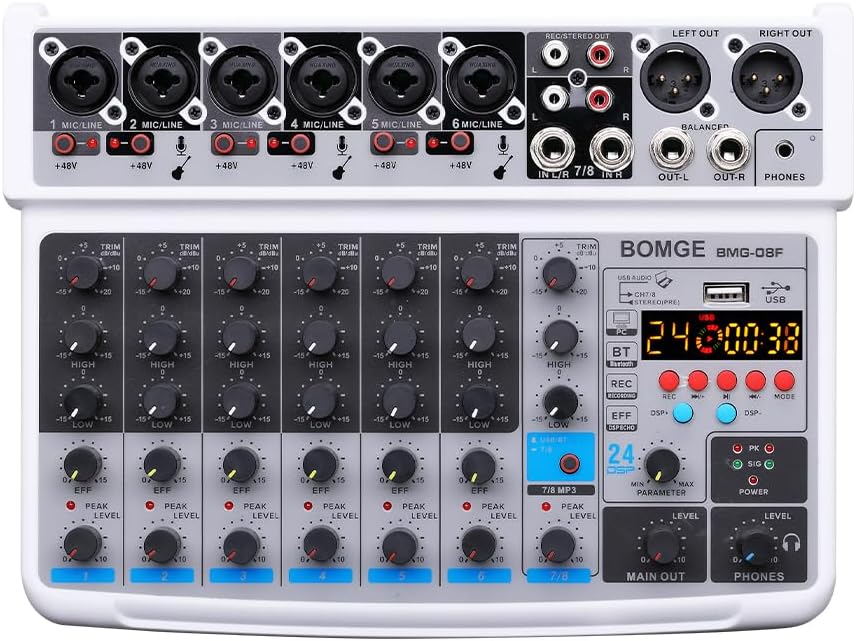 BOMGE 8 channel mini audio mixer Line Mixer ,DC 5V,with MP3 Player,Bluetooth, U disk 48V,24DSP effects, USB recording Ideal for Small Clubs or Bars, Studio Recording… (8 channels-WHITE)