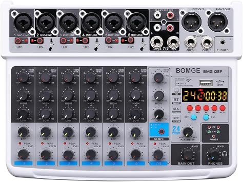BOMGE 8 channel mini audio mixer Line Mixer,DC 5V,with MP3 Player,Bluetooth, U disk 48V,24DSP effects, USB recording Ideal for Small Clubs or Bars, Studio Recording 8 channels-WHITE