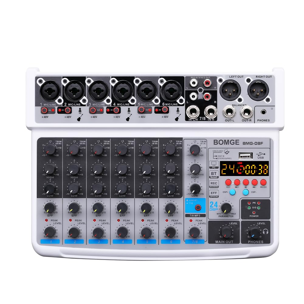 BOMGE Mini Mezclador Audio 8 Canales, DC 5V, MP3 Reproductor, Bluetooth, U Disco 48V, 24DSP Efectos, Grabación USB, Ideal para Clubes Pequeños o Bares, Estudio Grabación
