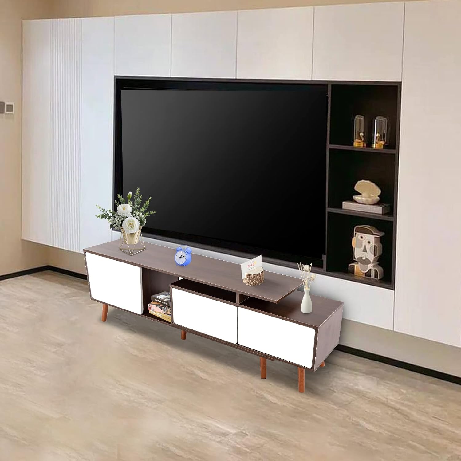 TV Stand, Modern Farmhouse Boho Television Stand with 3 Doors, 47.2-78.7 inches Length Adjustable, TV Console for Home Living Room, Bedroom, Study Room (Deep Walnut)