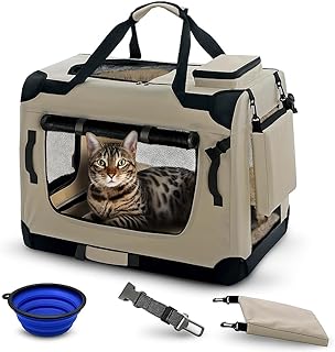 Hundebox Hundetransportbox faltbar & robust für Auto & Reise – 50×34×36 cm – atmungsaktive Transportbox Transporttasche für Hunde & Katzen Stoffbox Tragetasche Beige