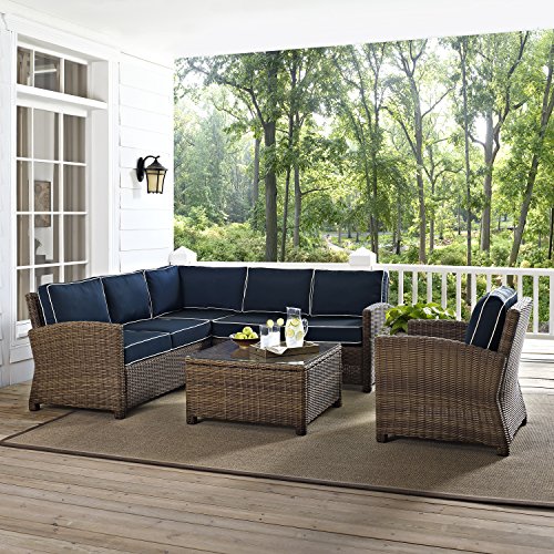 Crosley Furniture Ko70021Wb-Nv Bradenton Outdoor Wicker 5-Piece Sectional Set (2 Loveseats, 2 Chairs, Coffee Table), Weathered Brown With Navy Cushions #TOP6