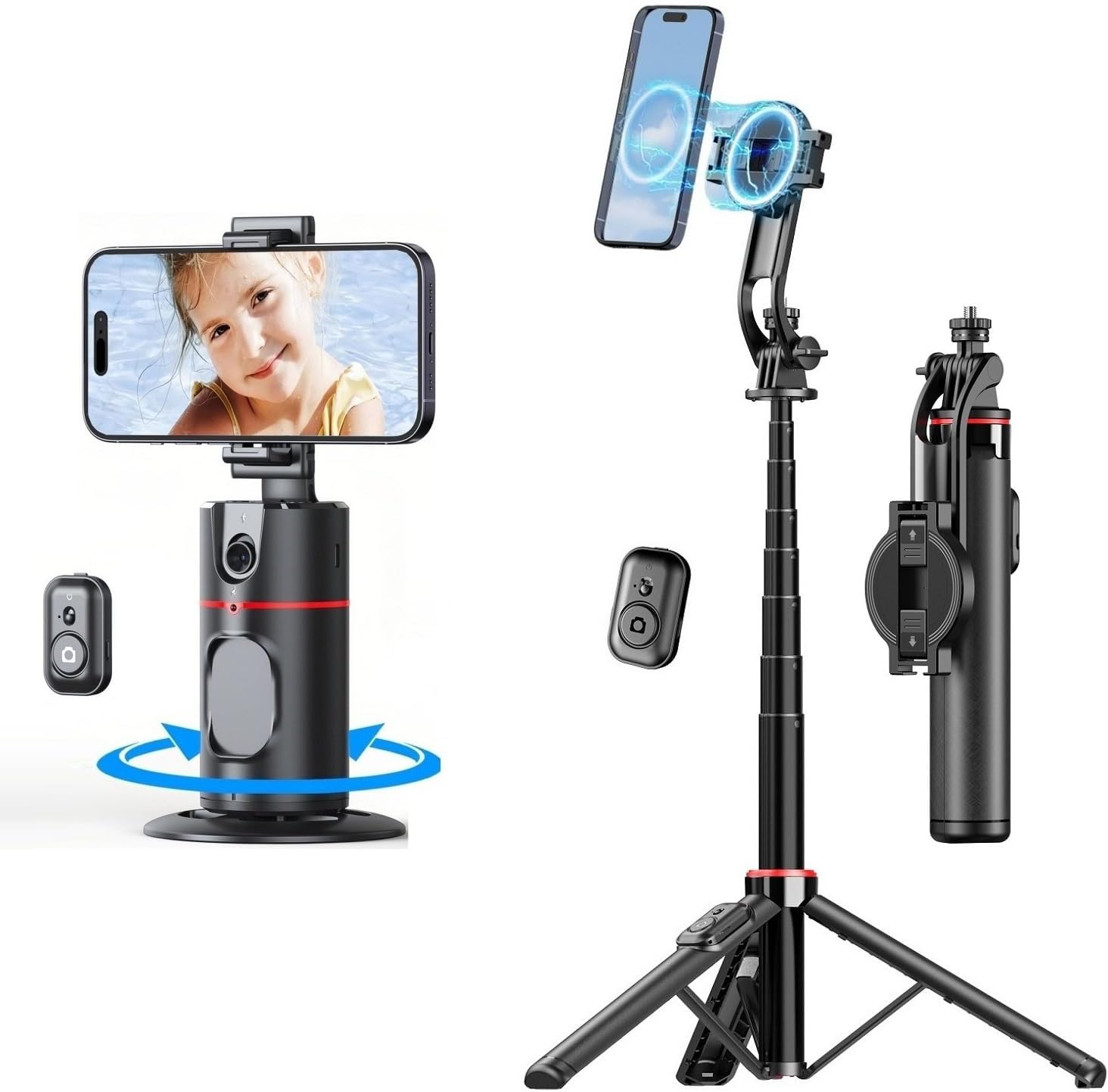 Auto Face Tracking Phone Holder Bundle with 51" Magnetic Selfie Stick Tripod for iPhone Android Camera Video Recording Vlog
