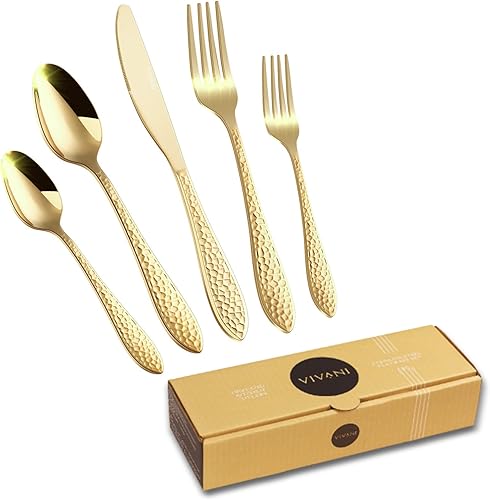 Arlox - Juego de cubiertos color champán de 40 piezas, acero inoxidable, dorado, juego de cubiertos martillados, servicio para 8, pulido espejo,