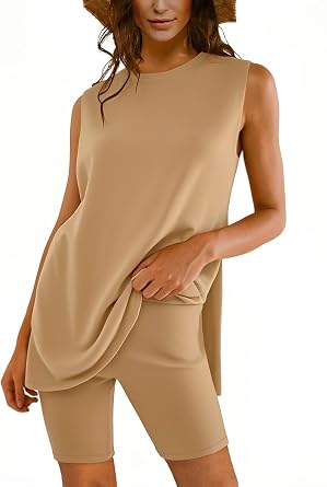 Outfeel Women Two Piece Short Set Summer Sweatsuit Beach Outfits Sleeveless Tunic Top and Shorts Lounge Set