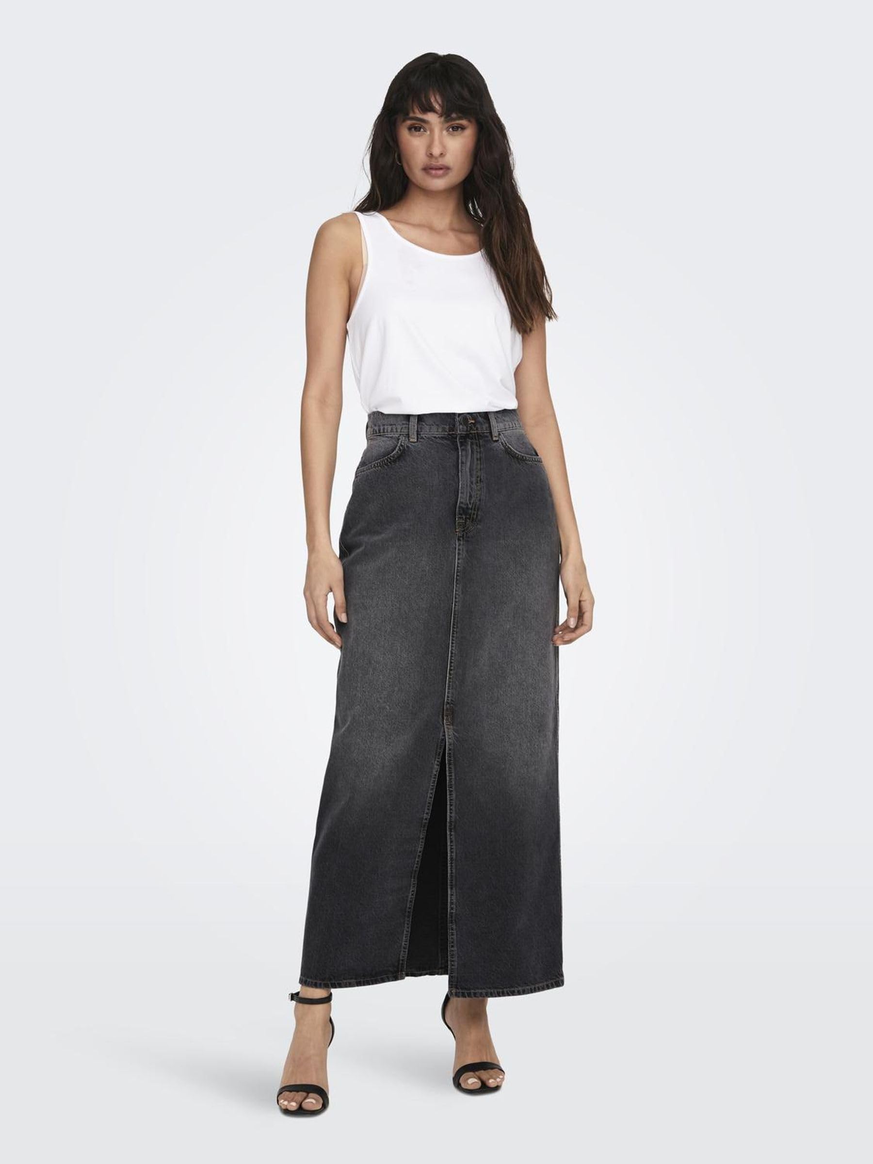 ONLY Jupe Longue en Jean pour Femme avec Fente Stone Denim Wash Taille mi-Haute et Poches Avant.