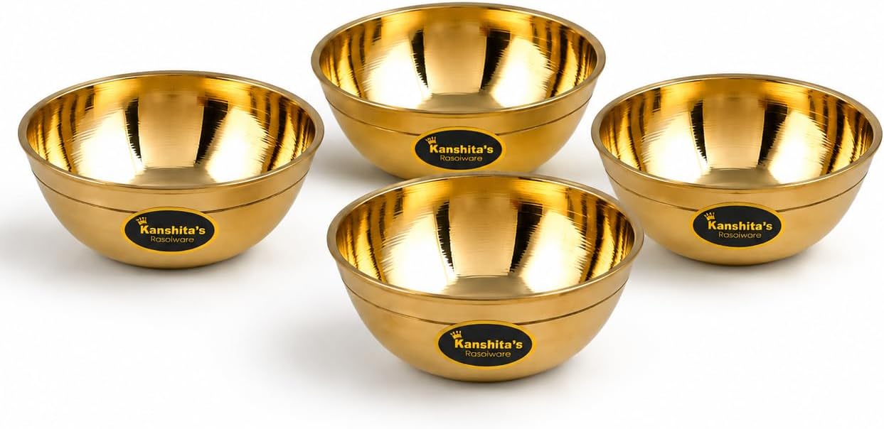 Kanshita's Rasoiware Brass Katori | Small Bowl/Katori 75 ml - 7 cm, Set of 4