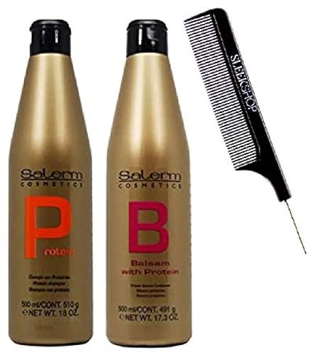 Salerm Cosmetics PROTEIN Shampoo & PROTEIN BALSAM Acondicionador DUO Set (con elegante peine de cola de acero), proteína de seda de queratina (18 oz
