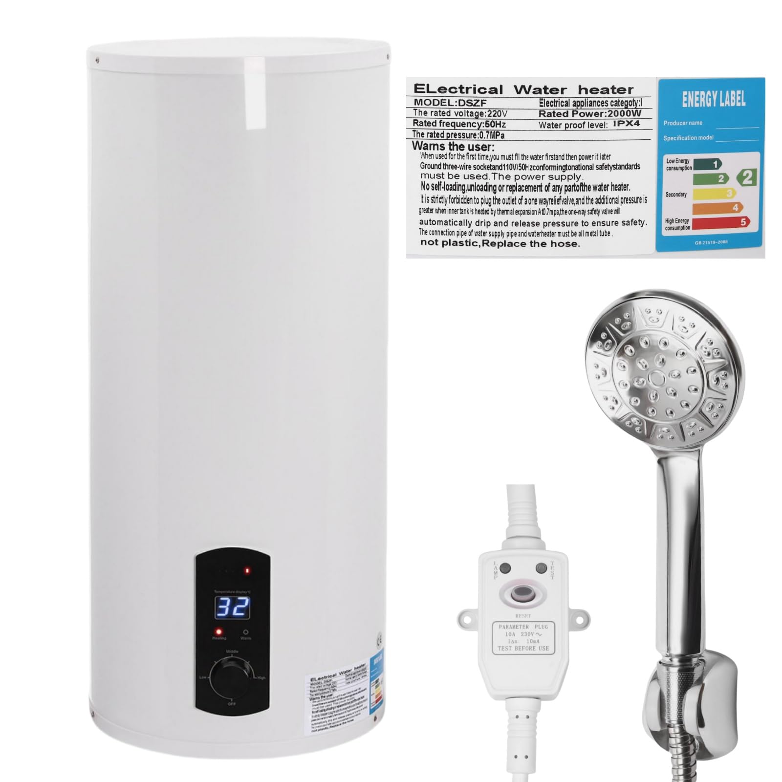 Chauffe-eau électrique à accumulateur 220 V 60 l mural protection contre les fuites douche pratique affichage température 2000 W blanc