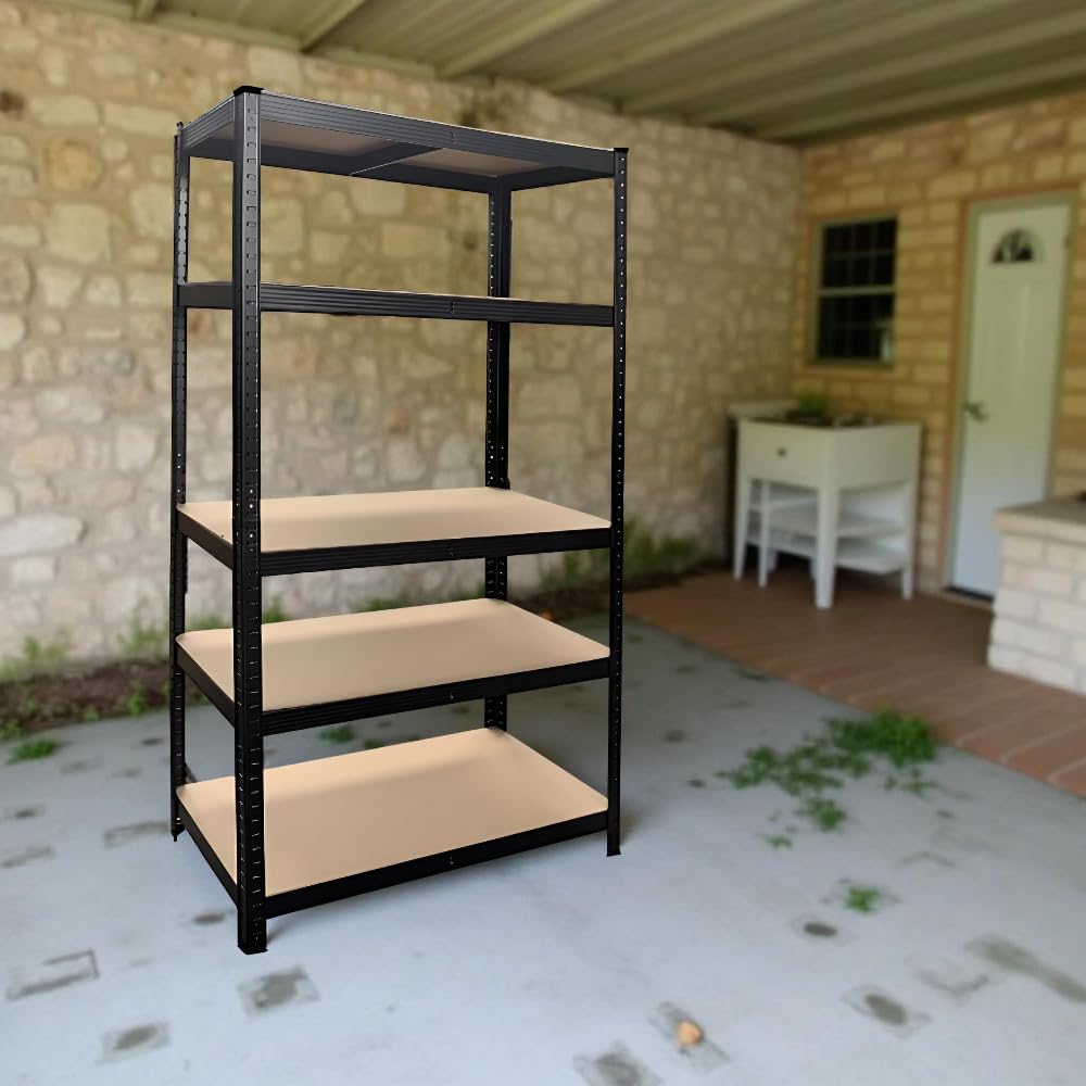 Scaffale in Metallo Nero - 5 Ripiani, Legno MDF, Altezza Regolabile, Salvaspazio, Ufficio, Garage, Magazzino, Negozio, ad Incastro, Orizzonale/Verticale, 90 x 40 x 180h cm - Portante 875 kg