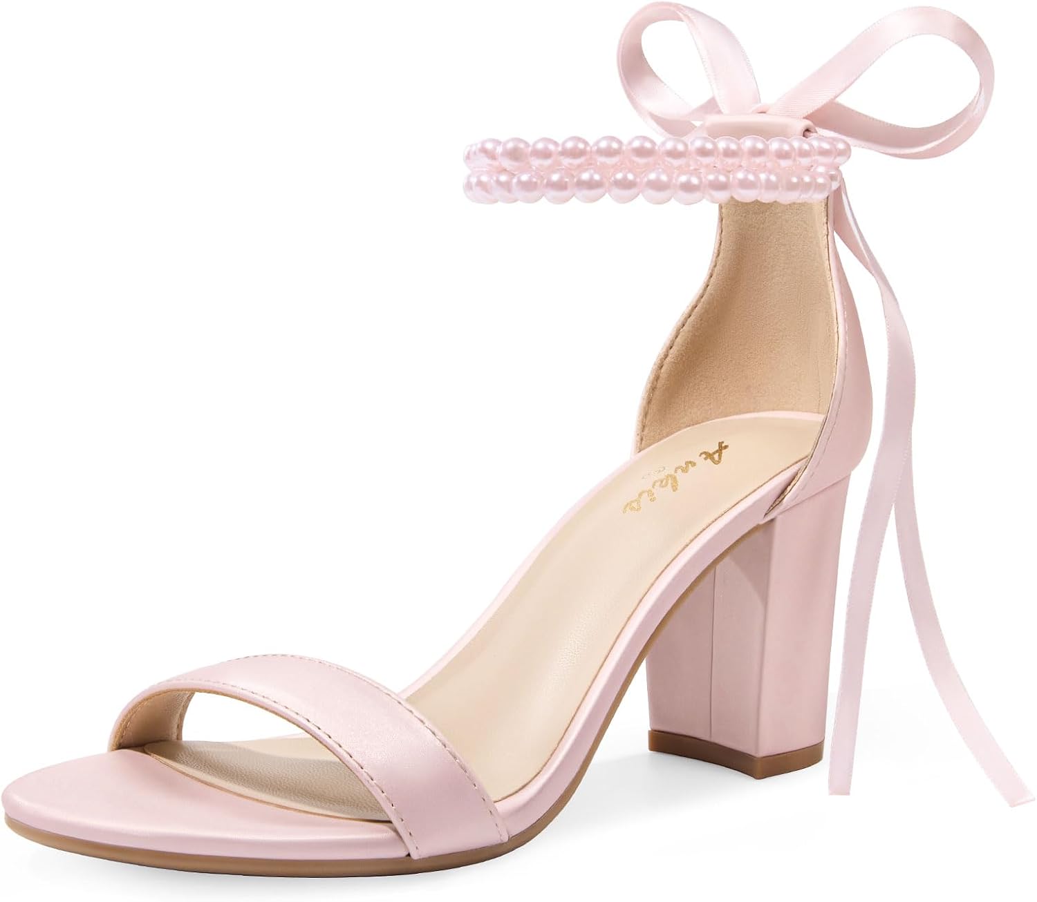 Ankis White Heels Wedding Shoes for Bride Women Chunky Heels Pearl Bow Heeled Sandals 2.75 Inch