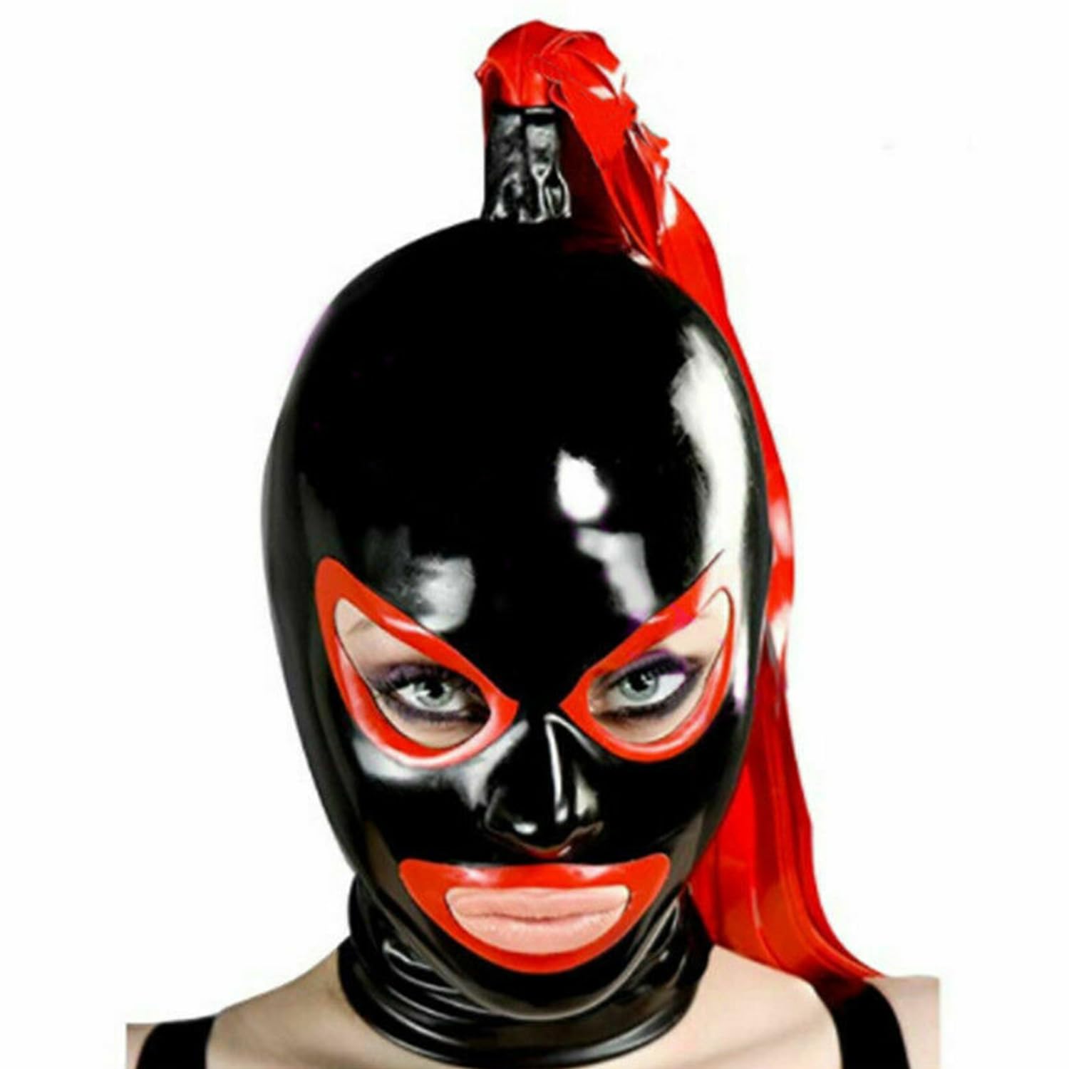 WXLPCGO Latex Hood Mask with Red Headband Open Eyes Mouth Rubber Hood for Cosplay Party Club Wear Role Play(Size:M-65CM)