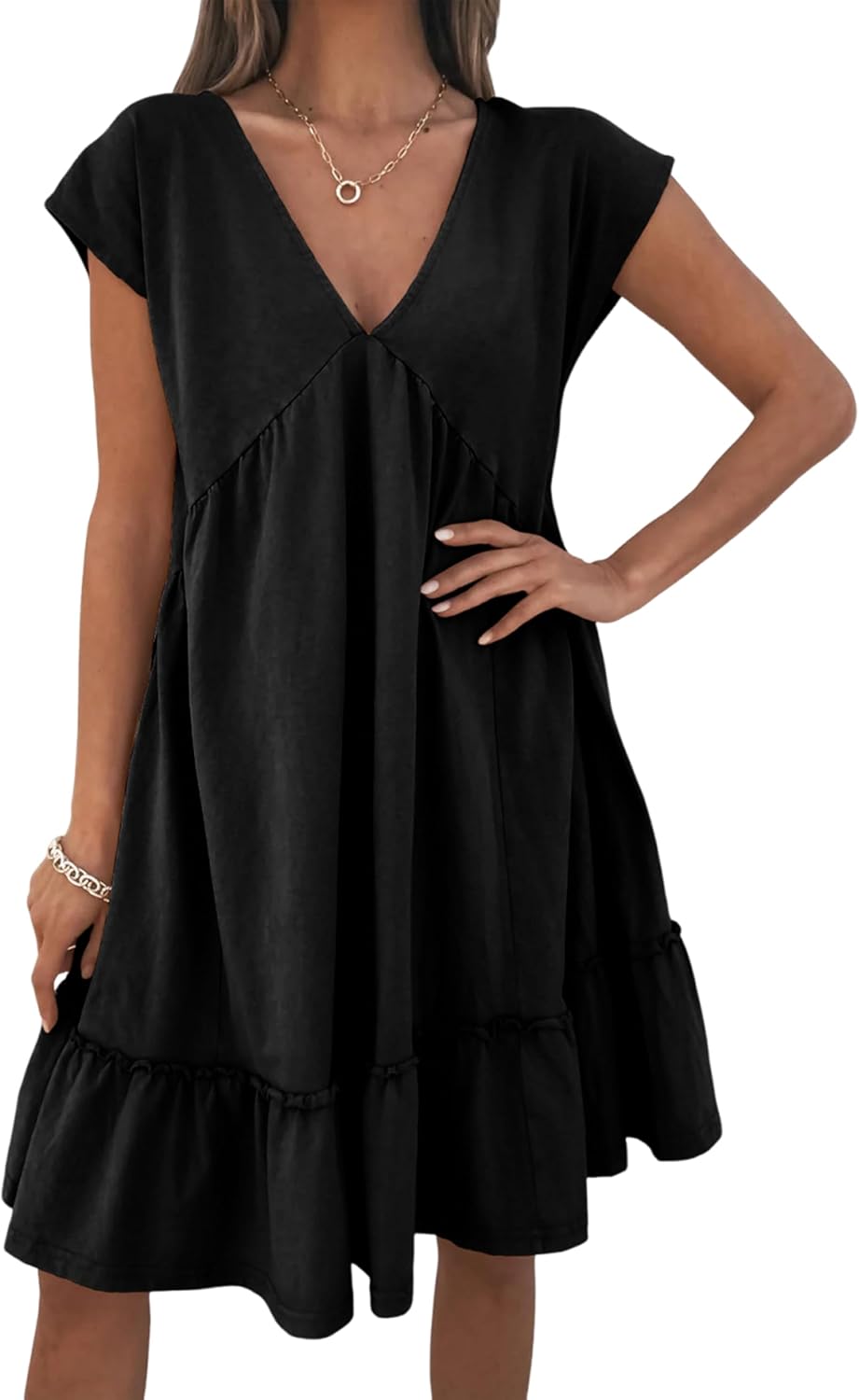 APAFES Women's Summer Dress A Line V-Neck Ruffle Hem Sundress Flowy Swing Mini Dress with Pockets(Black-L)