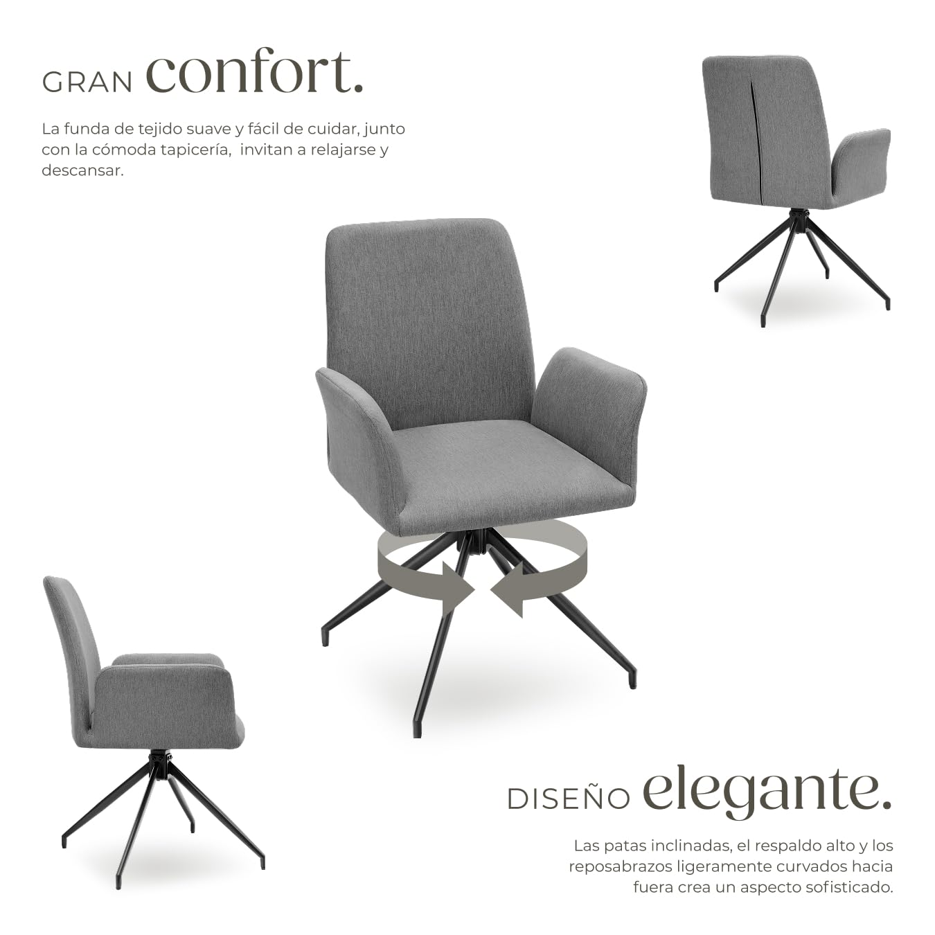 tectake® Silla Comedor Nordica Acolchada con Reposabrazos, Sillas Giratorias, Sillas Cocina Moderna, Silla Salon Comedor, Butaca Dormitorio, Muebles Salon Modernos, Rotación 360 ° - Set de 2 Antracita