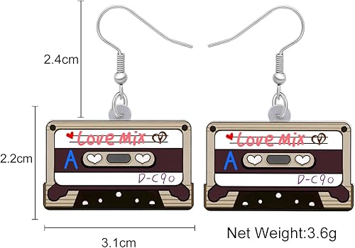 Miniatura 4 de Aretes de cinta de casete nostálgicos de los años 80 y 90 de acrílico cuelgan música clásica joyería de audio para mujeres, regalos