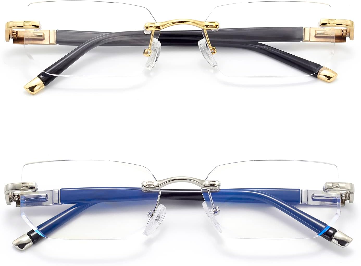 Rimless Reading Glasses, Spring Hinge Readers, Diamond Cut Edge Design Blue Light Glasses