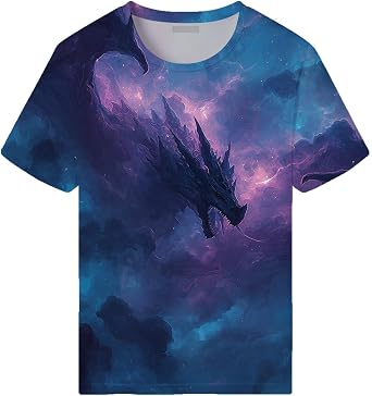 Mens Novelty Dragon T-Shirts Universe Star Dragon Print T-Shirt Short Sleeve Summer Casual Tee Shirt Cool Tee Tops
