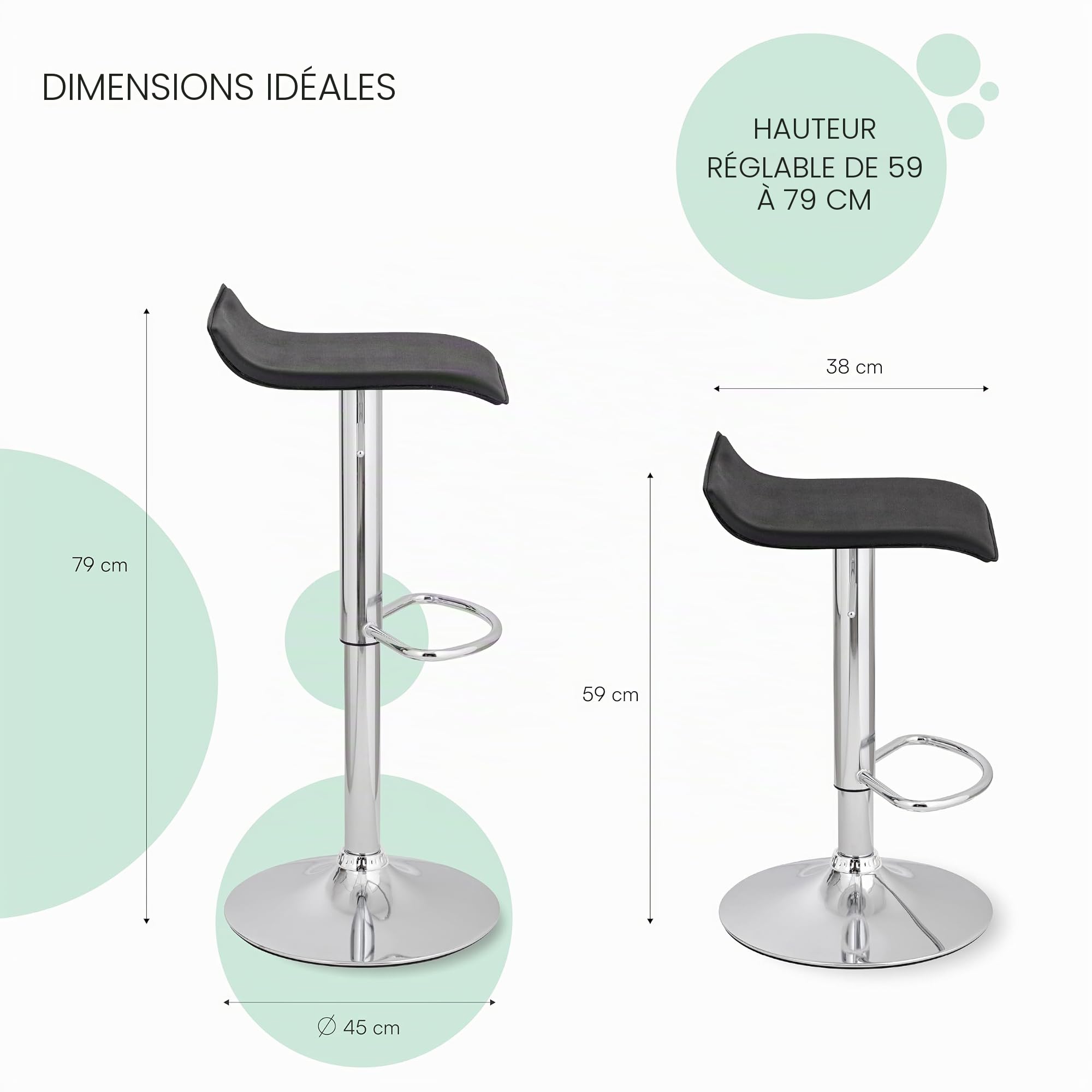 Baroni Home Tabouret de Bar Pivotant avec Hauteur Réglable, Base Chromée avec Repose-Pieds et Fond Anti-Rayures, Tabouret Cuisine et Péninsule, Facile à Installer, 38x45x59-79 cm, Noir 1 pièce