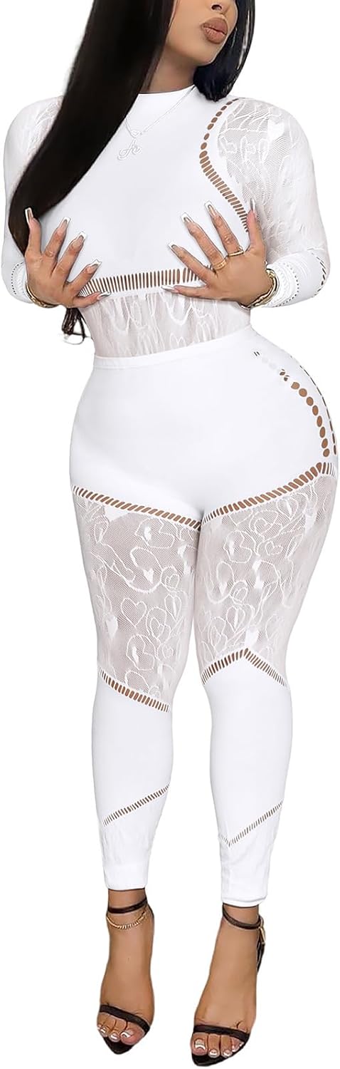 Ophestin Womens Sexy 2 Piece Club Outfits Mesh Hollow Out Long Sleeve Jumpsuit Bodysuit and Leggings Set