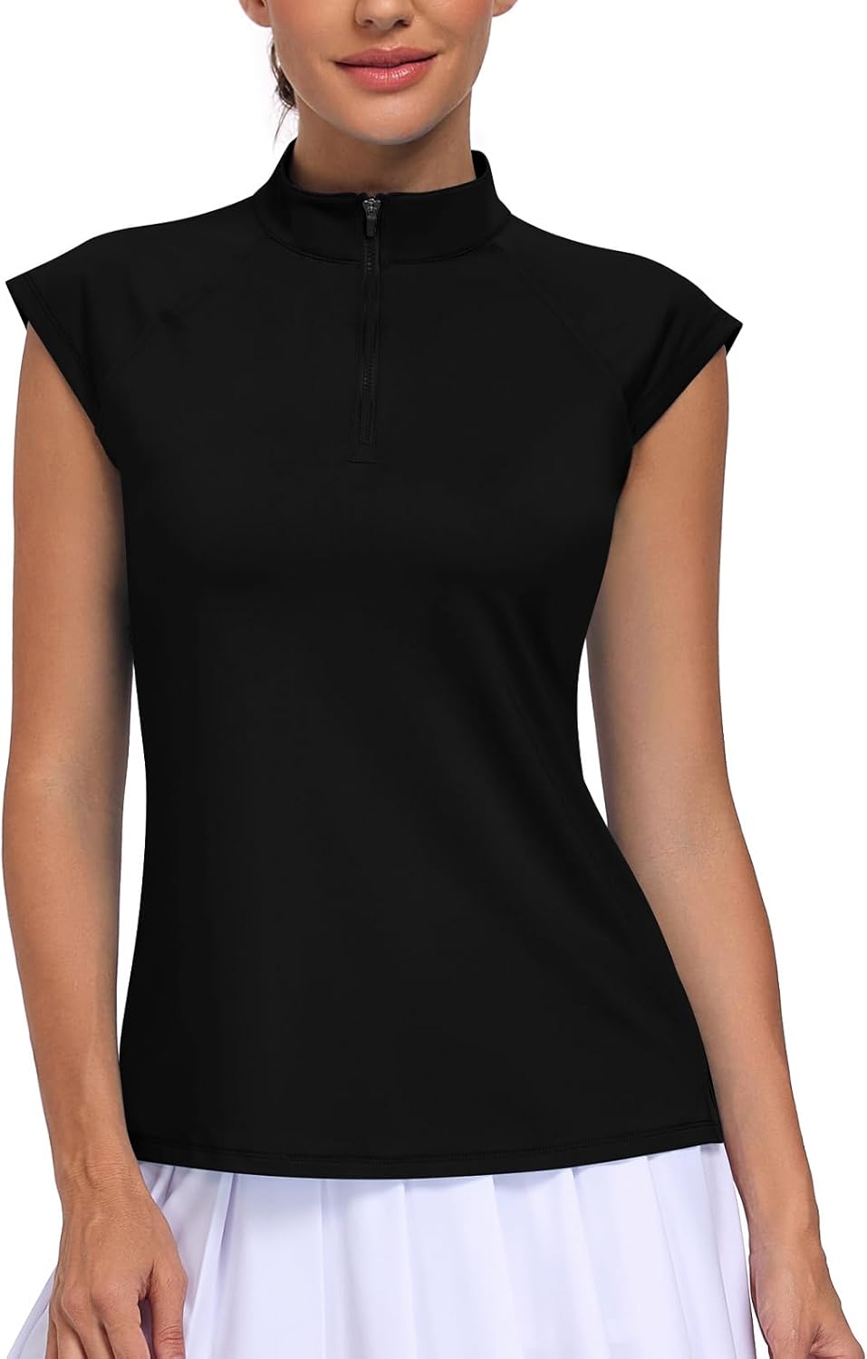 WOWENY Womens Golf Shirts Cap Sleeve Polo Quick Dry Tennis Tops Pickleball Outfits Quarter Zip