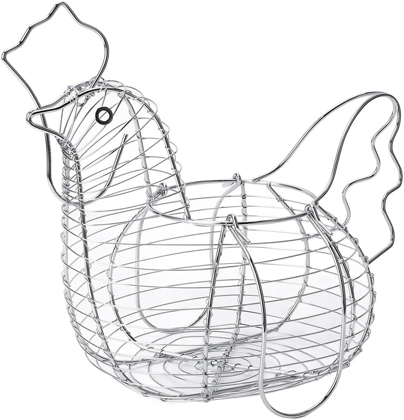 Chicken Egg Basket,Chicken Hen Shaped Wire Egg Storage Basket Holder Rack,Wire Egg Collecting Basket with Handle,Metal Table Top Snacks Organizer Kitchen Gadget (As Shown)