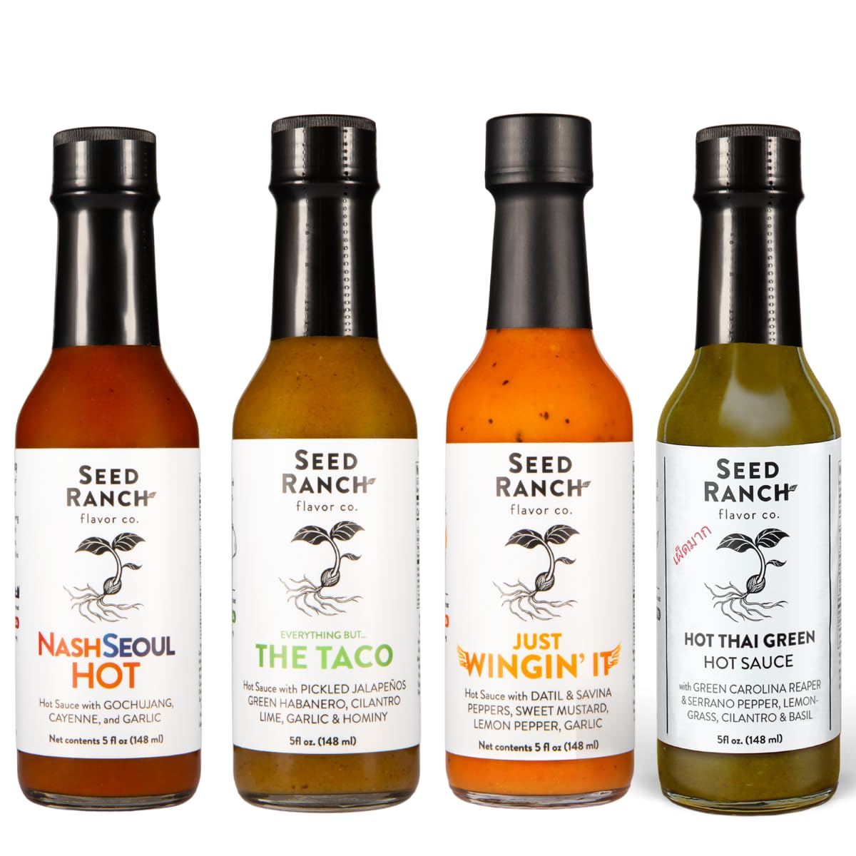 Seed Ranch Elite Heat Hot Sauce Collection, Variety Pack of 4, Medium to Spicy Bundle Gift Set, Small-Batch Organic Gourmet Sauces with Premium Ingredients, Vegan, Non-GMO, Gluten-Free