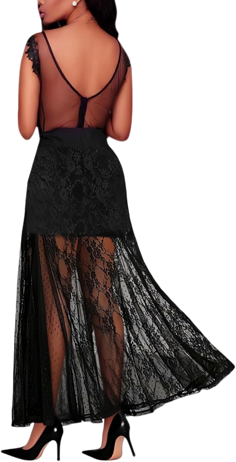 RARITYUS Women's Elegant Floral Lace Maxi Dress Sexy See Through V Neck Bodycon Long Dress Ruffle Hem Party Dresses - Image 3