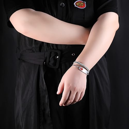 Miniatura 2 de JF.JEWELRY Pulseras de alerta médica personalizadas para mujeres y hombres, pulseras médicas de eslabones de cuero trenzado negro de 3 capas,