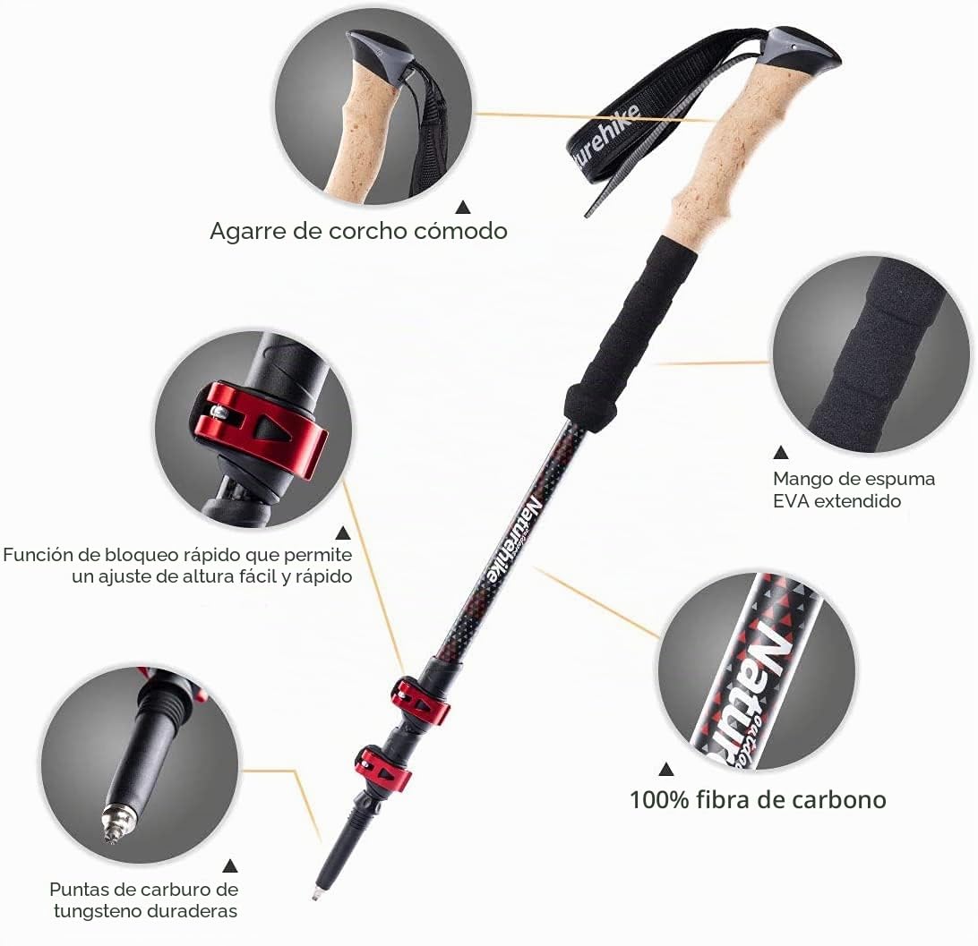 Naturehike Poste del Senderismo Fibra de Carbono Plegable Poste Telescópico con Corcho Natural Mango EVA Extensión Agarre Poste de Senderismo Acampar Nordic Ultra-luz